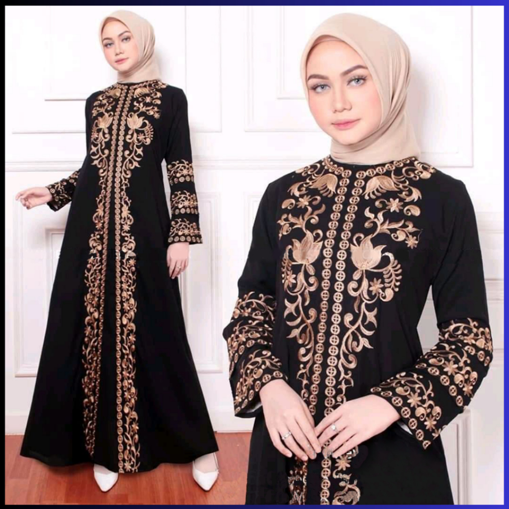 Zakiya gamis abaya jetblack hitam bordir mewah warna gold baju lebaran wanita muslimah