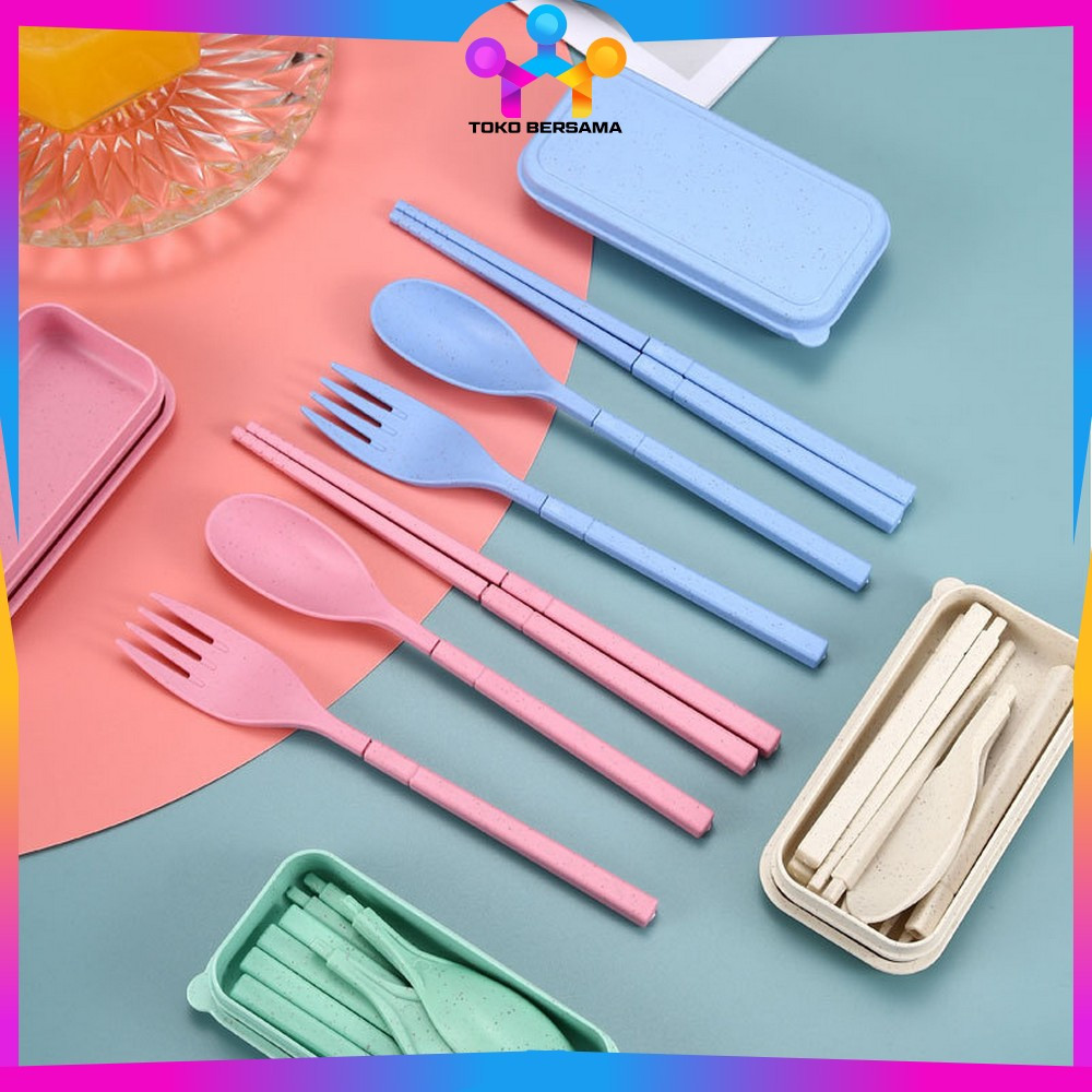 Alat Makan Sendok Garpu Sumpit Lipat 3IN1 Bahan Jerami Gandum / Sendok Korea Travel Cutlery Set Port