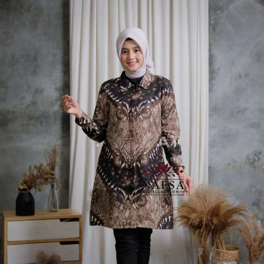 Batik Wanita Modern Tunik Kancing | Atasan Batik Terbaru Seragam Keris Coklat