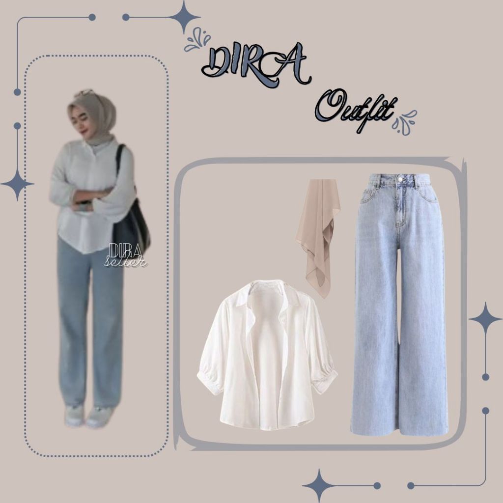 DR 468 - outfit dira hijab bella square coksu elze blouse kemeja putih dan loose pant light blue one