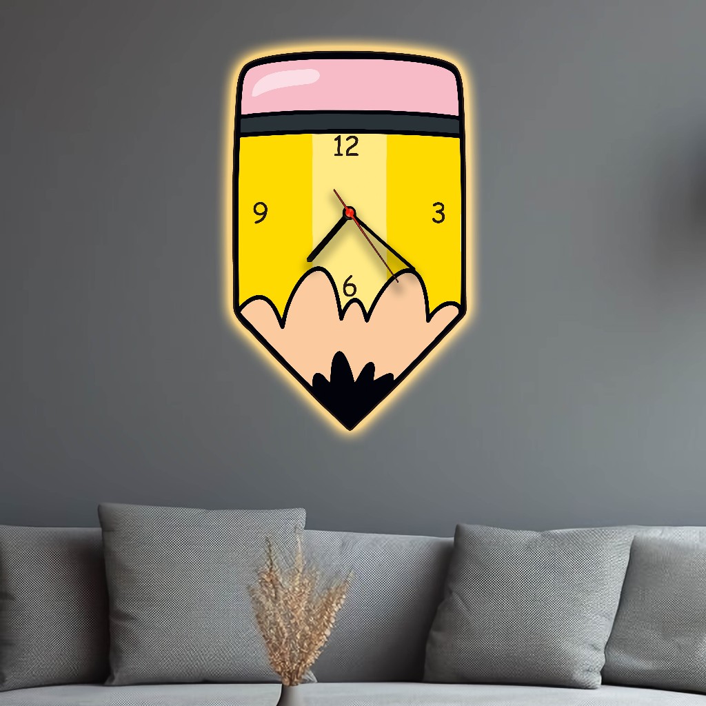 Jam Dinding Ukir Pensil Lampu LED Hiasan Dinding Kamar Anak Wall Decor Lampu Tidur GA68