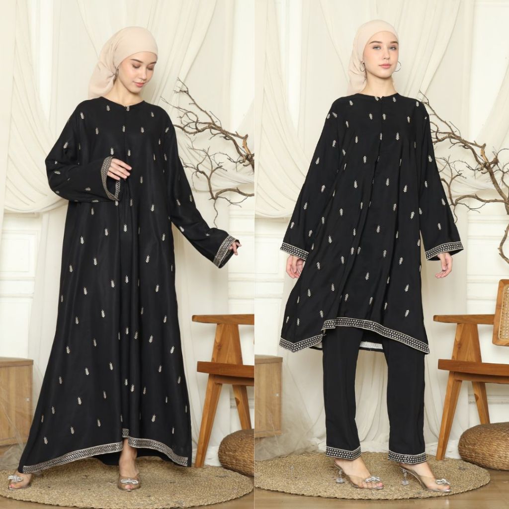 WIRIWIRI Series Raya 2025 Black Dubai Sarimbit Abaya & One set Bordir Ayah ibu & Anak (Premium)