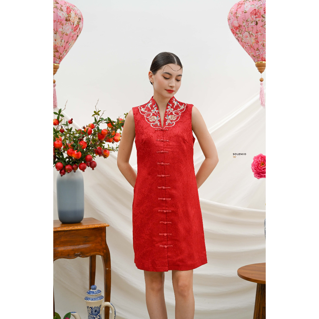 B21907 DRESS CHEONGSAM SOLEMIO KATUN EMBOSSED BORDIR NEW COLLECTION