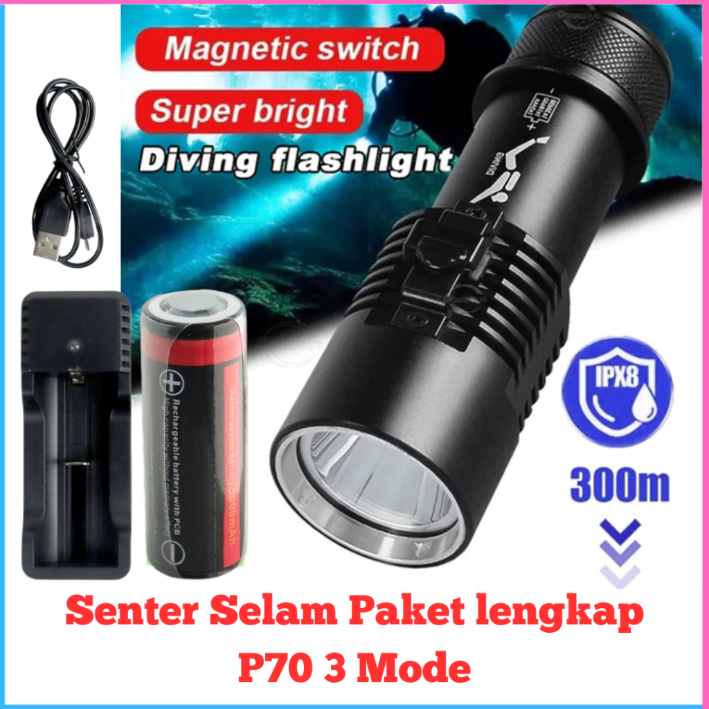 Kirim Cepat Paket Lengkap Senter Selam LED XHP70 Sangat Terang dengan Magnet Switch Senter Diving Pr