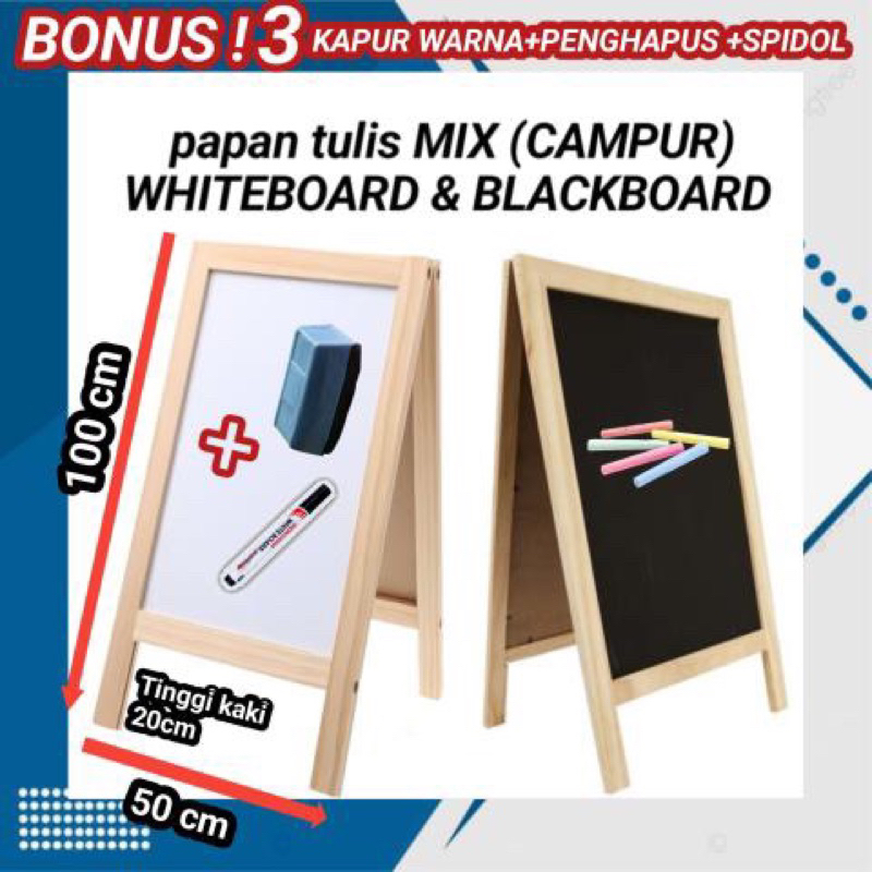

Papan Tulis Mix 50x100cm | 1 Sisi Whiteboard & 1 sisi blackboard (Bonus 3 kapur,spidol & penghapus)