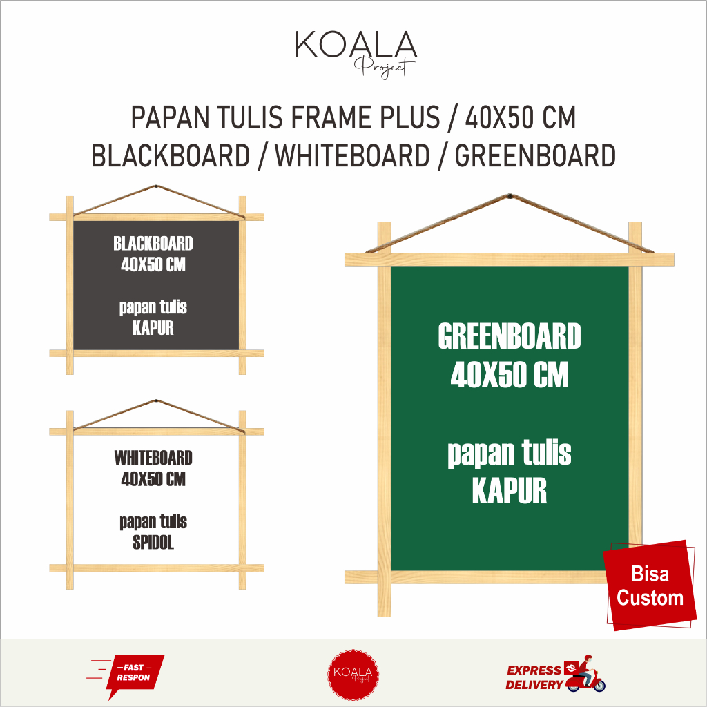 

PAPAN TULIS KAPUR SPIDOL BLACKBOARD WHITEBOARD GREENBOARD 40X50 CM atau 50X40 CM KOALA PROJECT