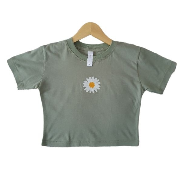 CROP TOP KAOS WANITA BAJU CROP LENGAN PENDEK ATASAN WANITA GAMBAR BUNGA MATAHARI SAGE GREEN
