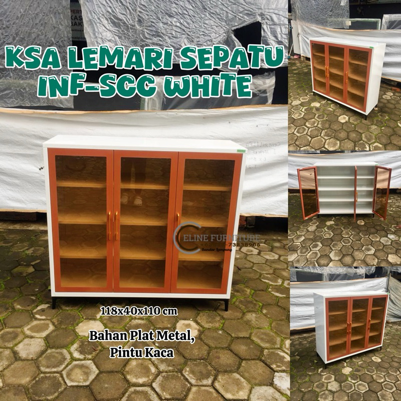 Lemari Sepatu 3 Pintu Plat Metal Pintu Kaca