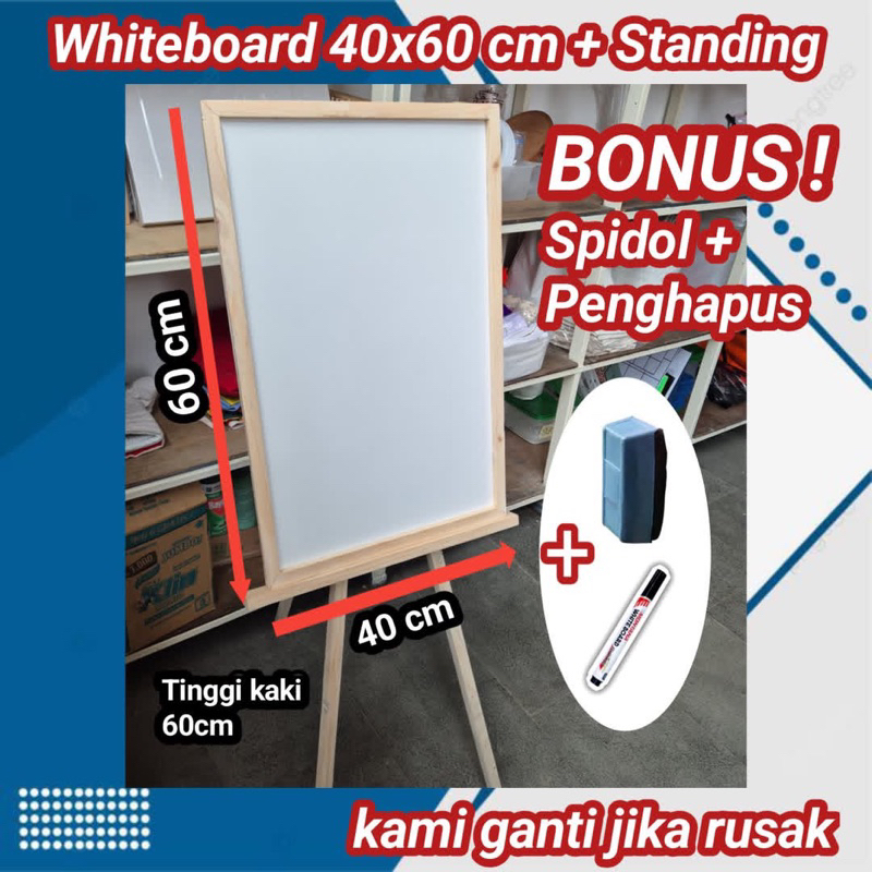 

PAPAN TULIS WHITEBOARD 40X60CM + STANDING (Bonus Spidol + Penghapus)