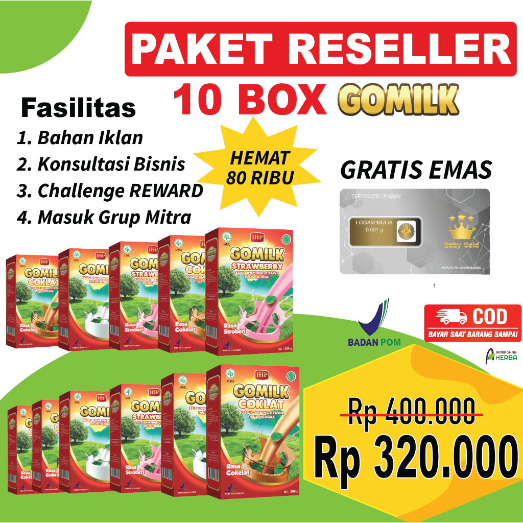 

[PAKET RESELLER] [GRATIS HADIAH][BELI 8 GRATIS 2] [EXPIRED LAMA] Susu Kambing GOMILK 200 gr GARANSI Produk Original