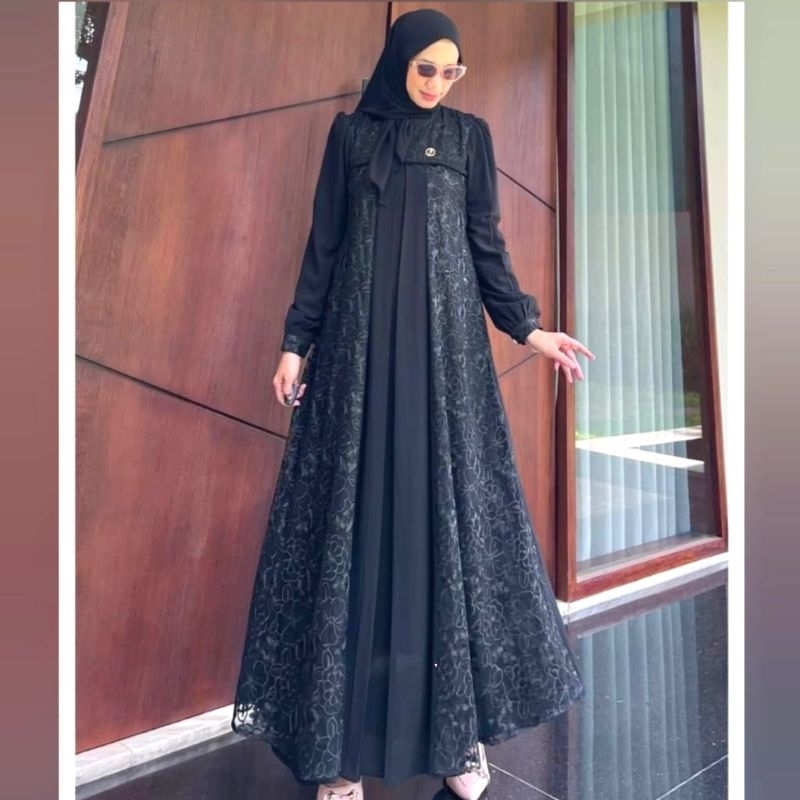 Gamis Brukat Tile Bordir 2 Layer Hitam Terbaru Fashion Muslim Perempuan Dress Pesta Lebaran