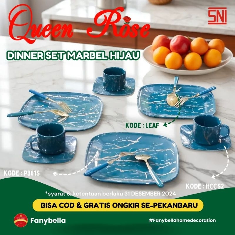 QueenRose dinner set prasmanan keramik marble hijau gold mewah import