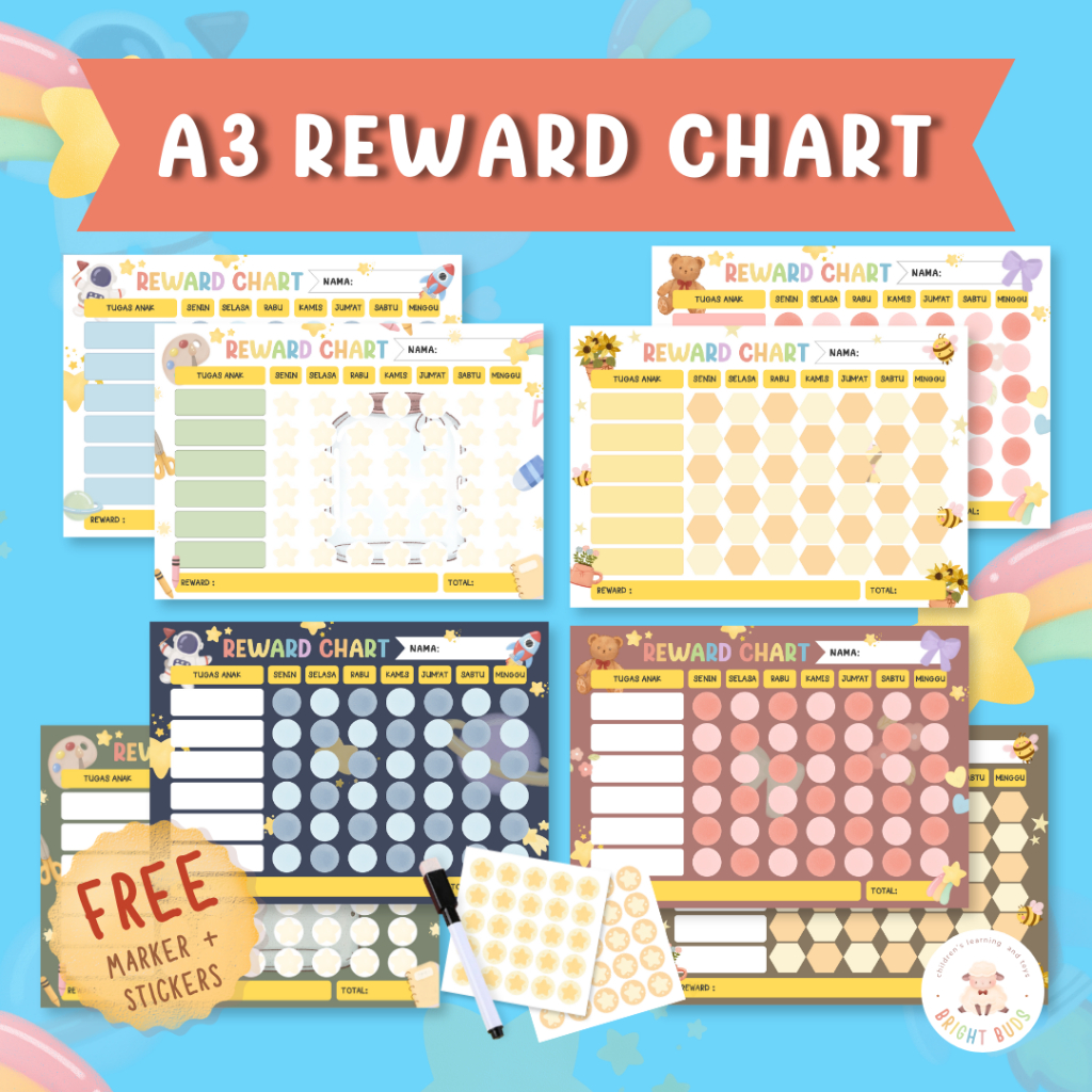 

⭐️BRIGHT BUDS⭐️ A3 Reward Chart Anak Wipe And Clean Reusable Sticker | Responsibility Chart