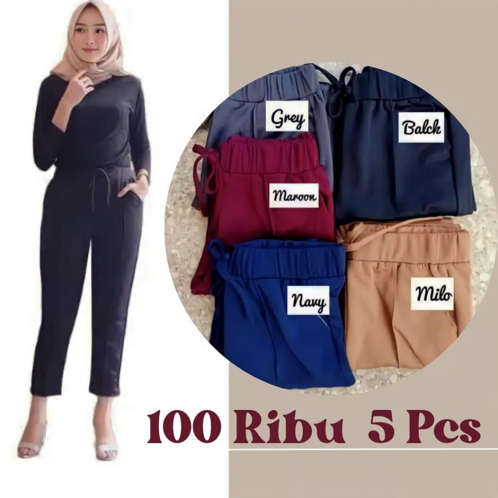 ( 5 PCS ) LUNA PANTS CUBIT WANITA DEWASA Celana Wanita Cubit Terbaru Bahan Crepe Pinggang Karet