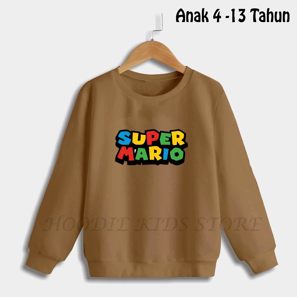 Sweater Polos Anak Laki-laki/Perempuan Usia 4 - 13 Tahun Sweater Crewneck SUPER MARIO Anak Bahan Teb