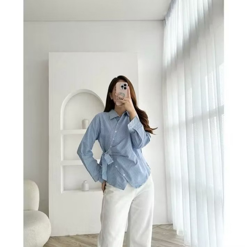 Serana Ofc - Siera Kemeja Garis Biru Hitam Putih Tali Samping Wanita Kekinian Ayda Blouse Atasan Str