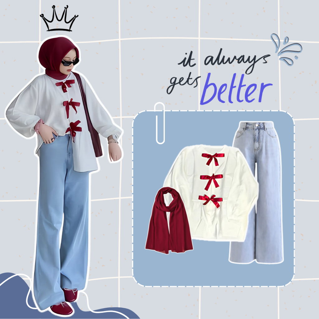 Setelan Wanita Korean Hijab style (Blouse ribbon, Celana jeans, hijab bella square)One set OOTD keki