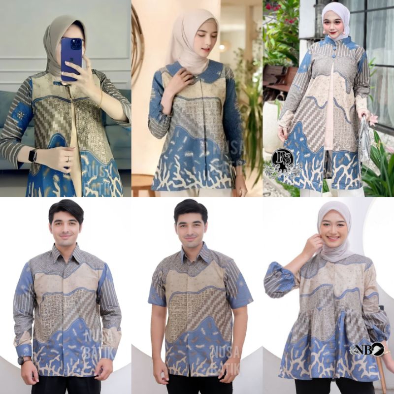 BAJU BATIK WARNA SKY BLUE GEMOY MOTIF INARA BLUS TUNIK HEM KEMEJA BEST COUPLE GEMOY
