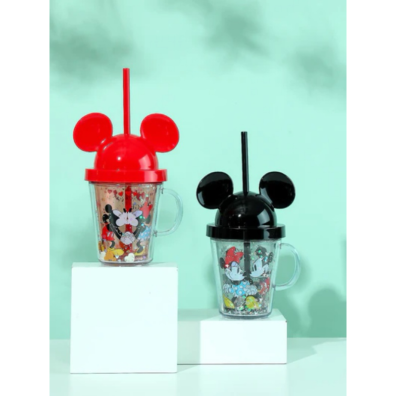 Miniso 280ml Glass Tumbler Mickey Minnie mouse with straw/ Gelas tumbler cangkir minum dengan sedota