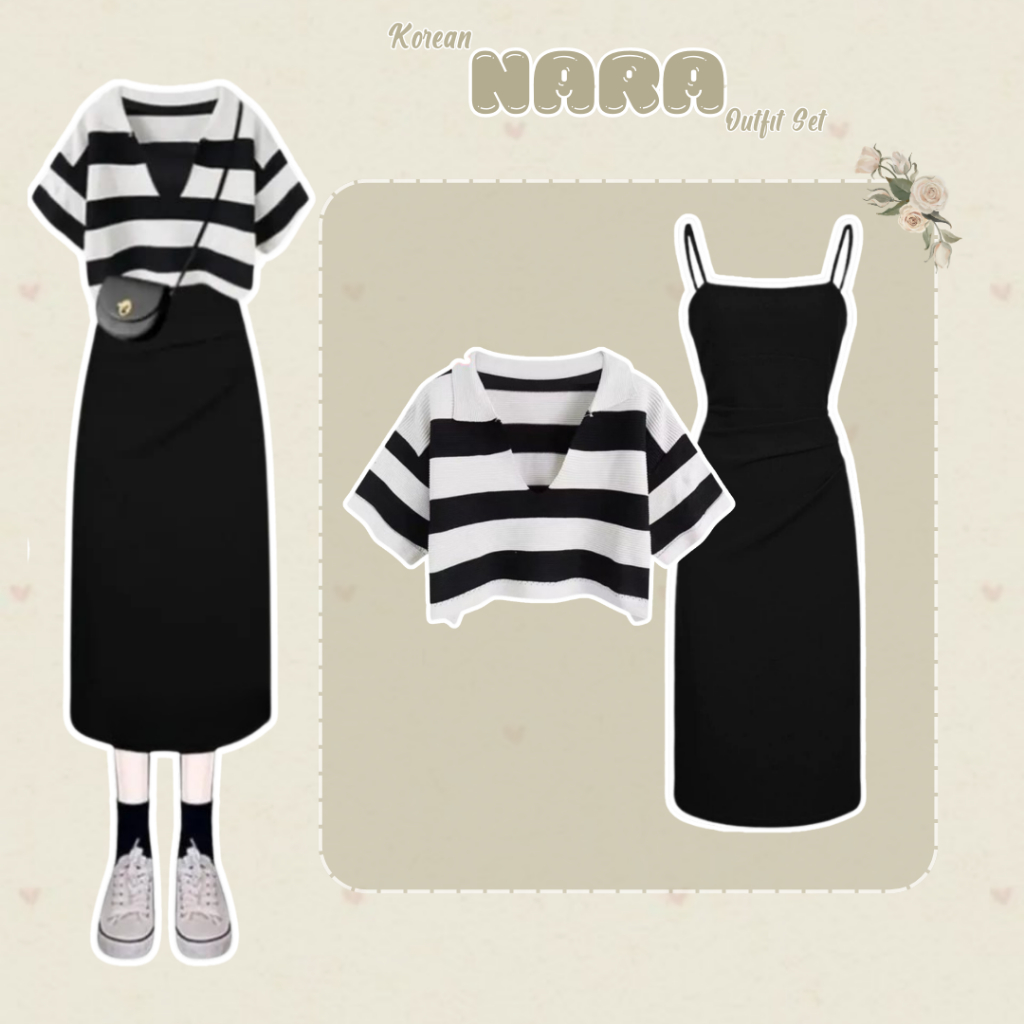 Nara Outfit Set [Crop Top + Dress Tali]  OOTD Korean Simple Yang Cocok Untuk Hangout ataupun Ngampus