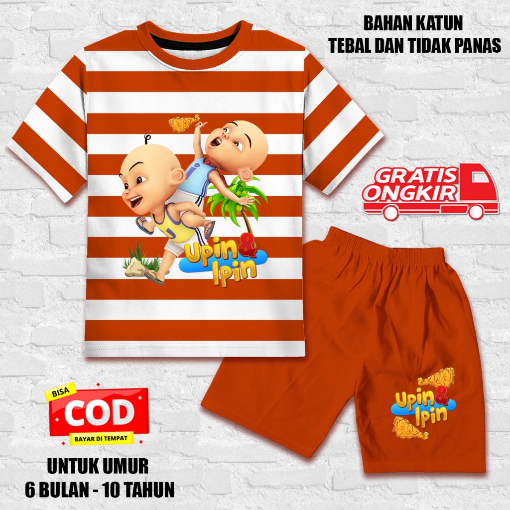 Setelan salur lengan pendek anak laki laki perempuan set kaos anak katun dtf upin ipin ayam goreng