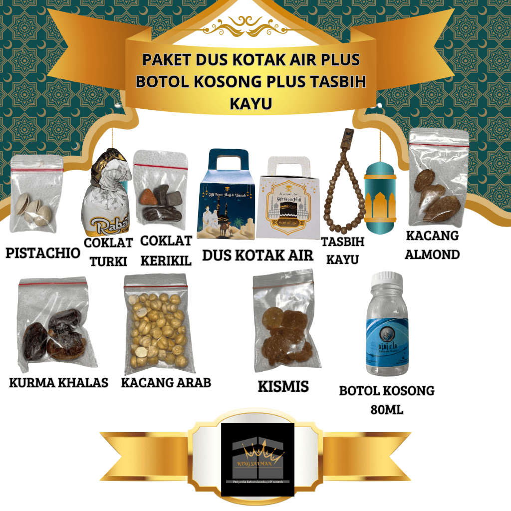 

Paket Variasi Dus kotak air Oleh-Oleh Haji dan Umroh plus tasbih kayu plus botol kosong 80ml