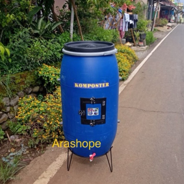 Drum komposter 150 liter + Rak kaki /drum sampah organik/pupuk/tong plastik HDPE