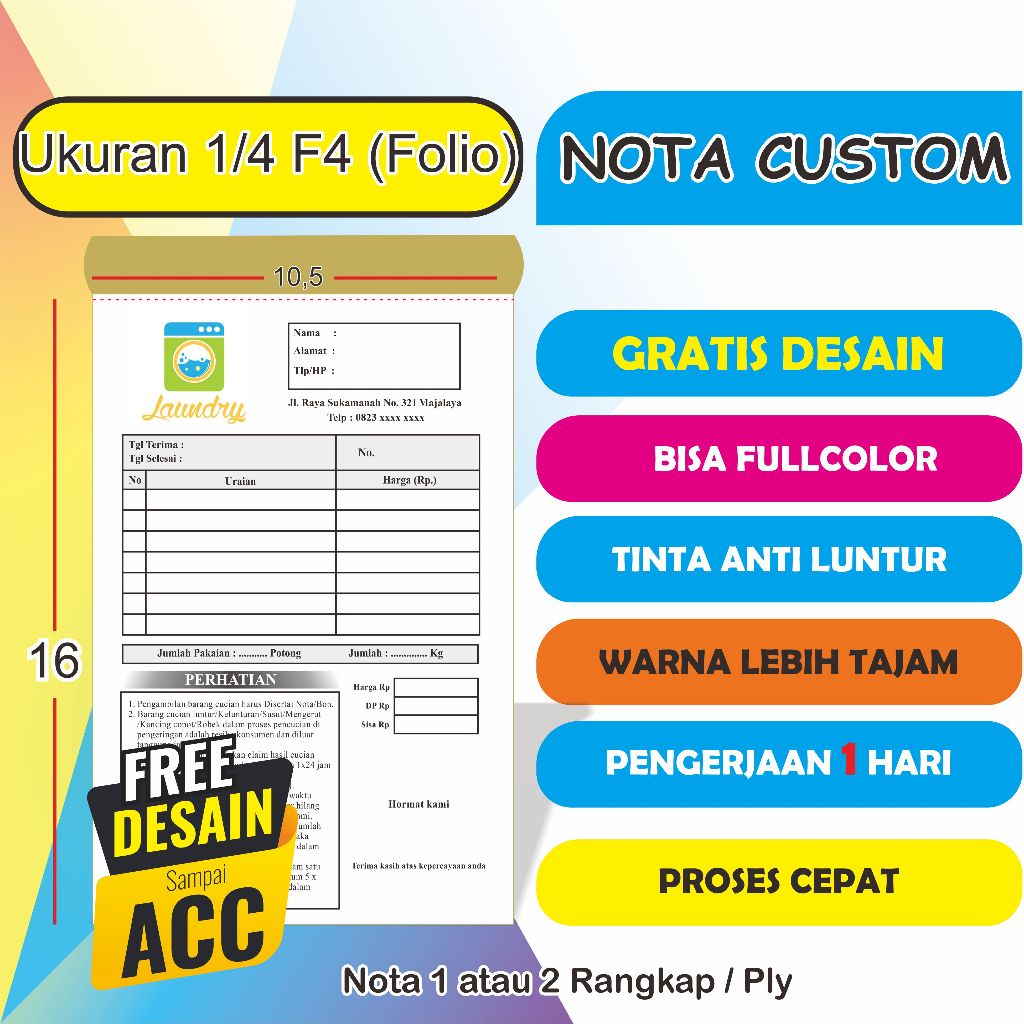 

Nota Custom 1 ply dan 2 ply tinta premium, nota, surat jalan 1/4 folio desain sesuai keinginan