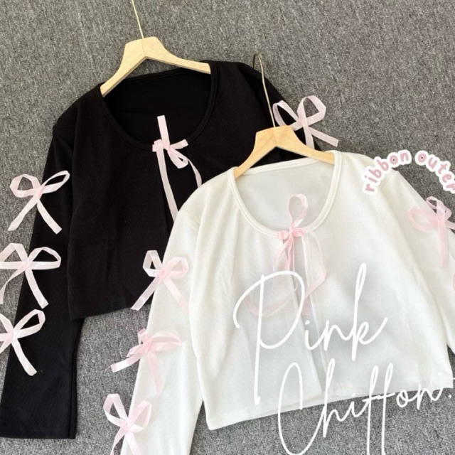 PINK CHIFFON CROP CARDI - Outer Ribbon Korean Style Coquette / Cardi Crop Tali Pita Pink / Atasan Ch