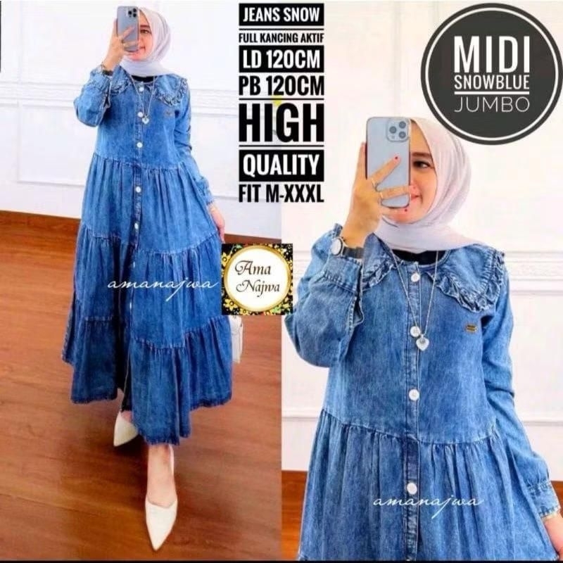 MIDI Dress Jumbo Najwa Midi Dress Jeans Wash Premium//MIDI Dress Jeans Wanita Jumbo Ld 120 Terbaru