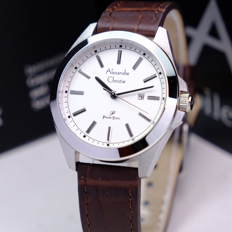 Alexandre Christie Wanita Terbaru Original Warna Silver Brown - AC1015 Strap Kulit