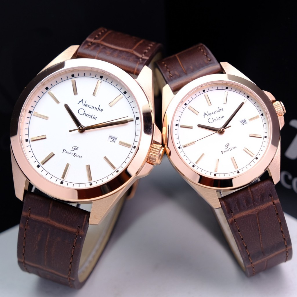 Alexandre Christie Couple Terbaru Original Warna Rosegold White Brown - AC1015 Strap Kulit