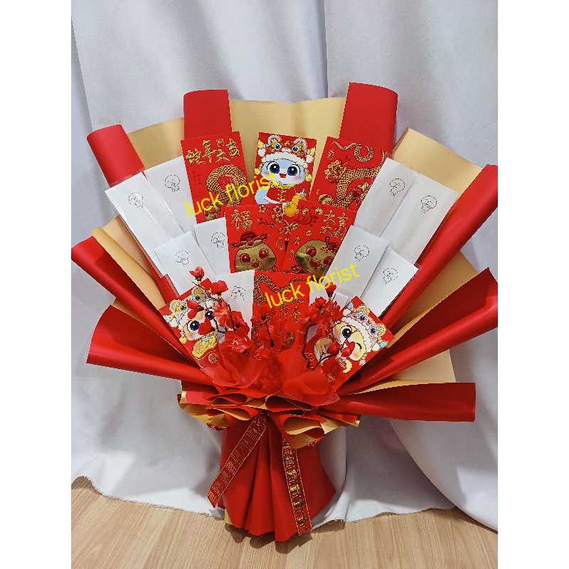 

Buket angpau 8 slot,10 slot plastik,bunga mehua palsu