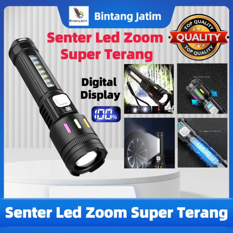 Senter Led Zoom Super Terang Jarak Jauh + Lampu Samping / Senter Led