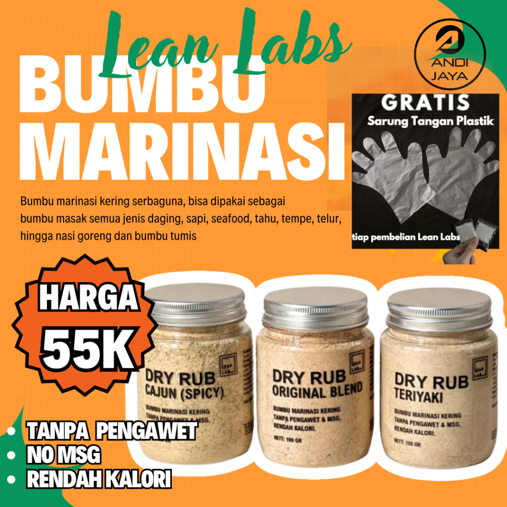 

Bumbu Masak Dry Rub Marinasi Rendah Kalori Leanlab Bundle 100g x3 (Original/Cajun/Teriyaki)