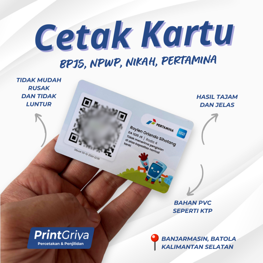 

CETAK KARTU MY PERTAMINA / BARCODE CUSTOM, BPJS, NIKAH, NPWP, DLL BAHAN PVC CARD TEBAL