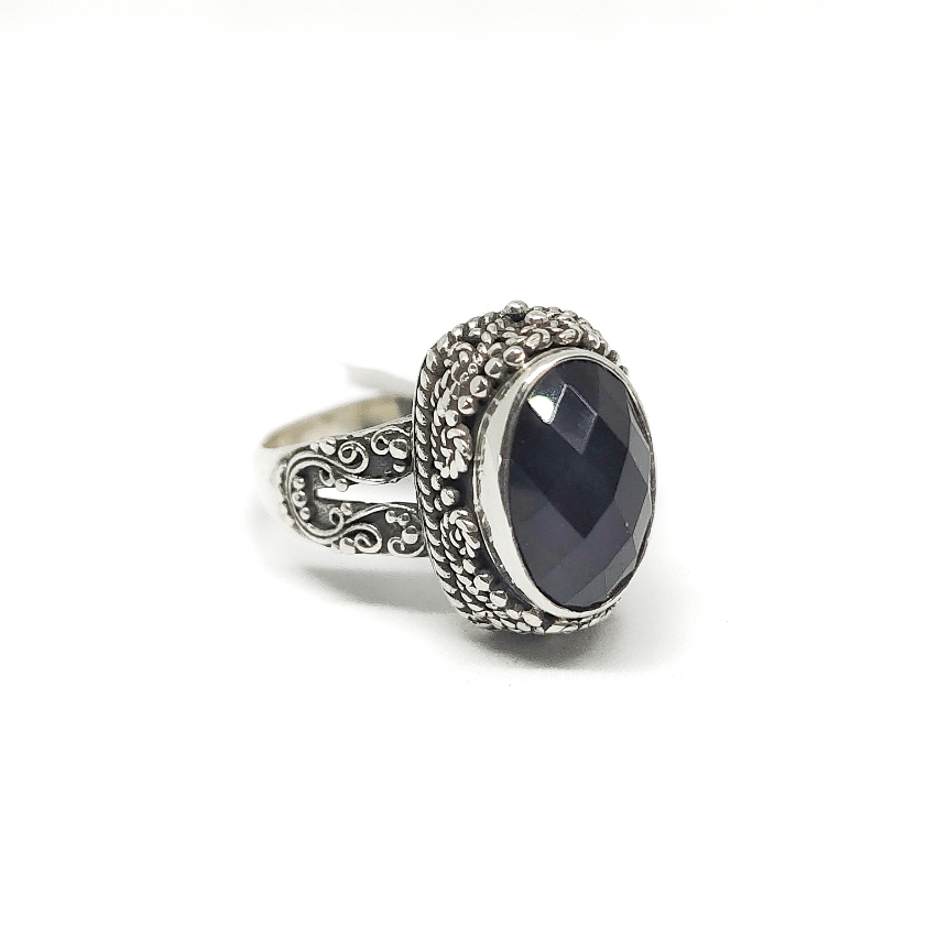 Cincin Ring Motif Bun Jawan Bunga Flower Batu Permata Black Hitam Onyx Perak Silver Bali Asli 925 Wa