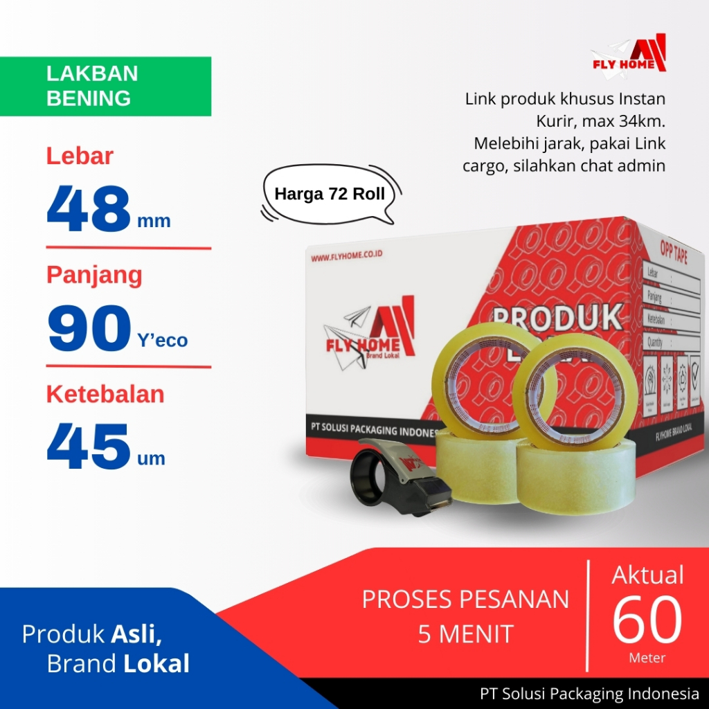 

FLYHOME Lakban bening 1 dus 90yard 48mm x 90yard 2inchi 72 roll 90 yard ECO Instan
