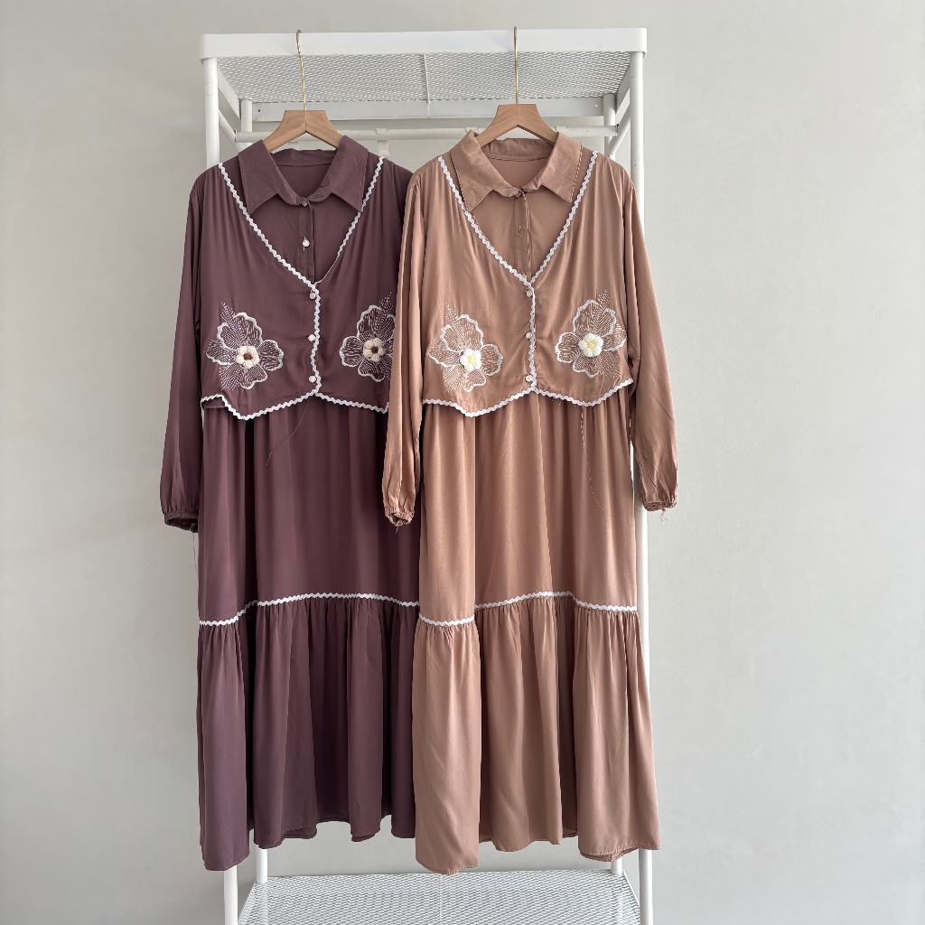 MELATI Midi Rayon Twill Busui Motif Bunga Bordir Gamis Rayon Diamond LD 100