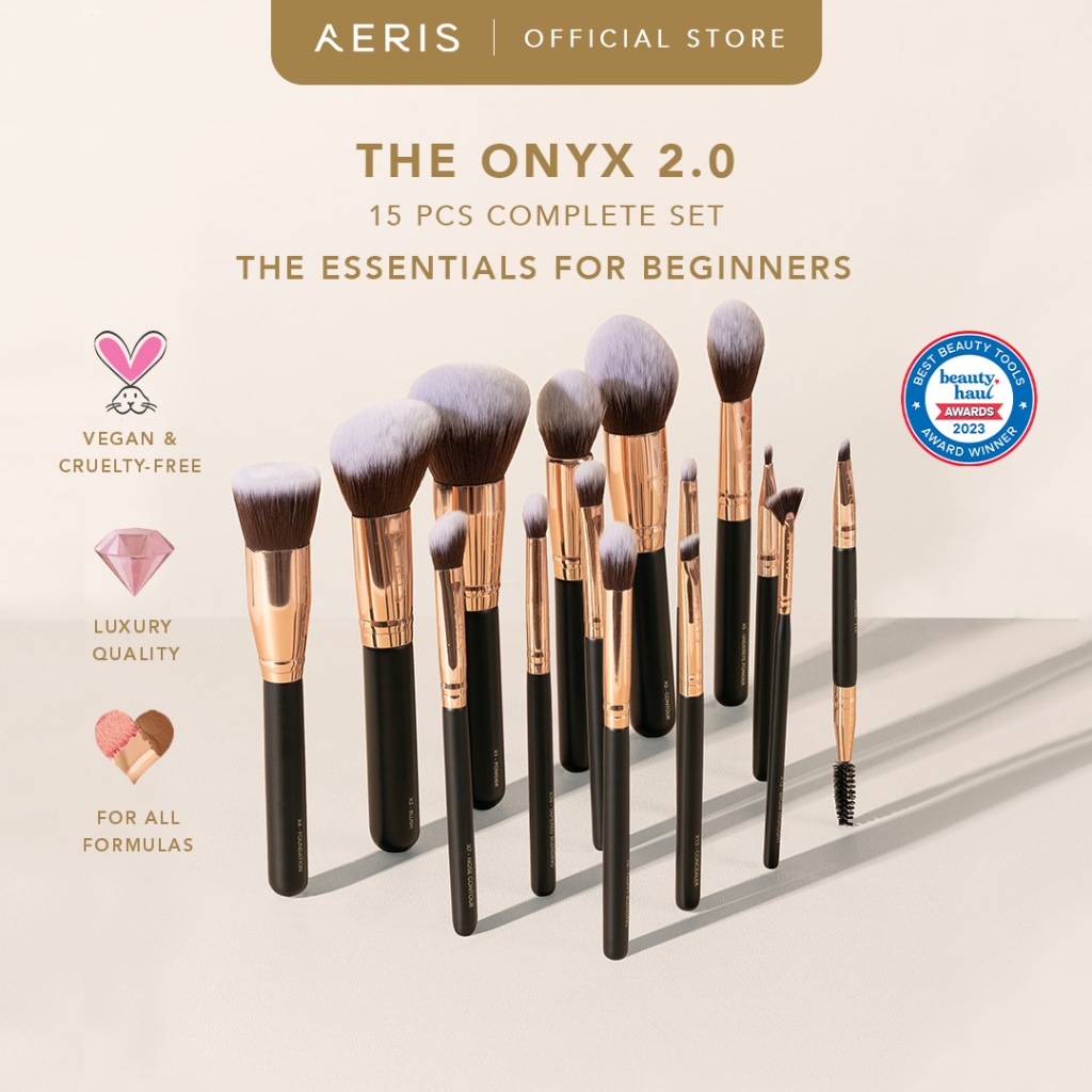 Aeris Beauté The Onyx 2.0 Brush Set - 15 pcs Complete Set | Brush Make Up Set Kuas Rias Lembut Premi