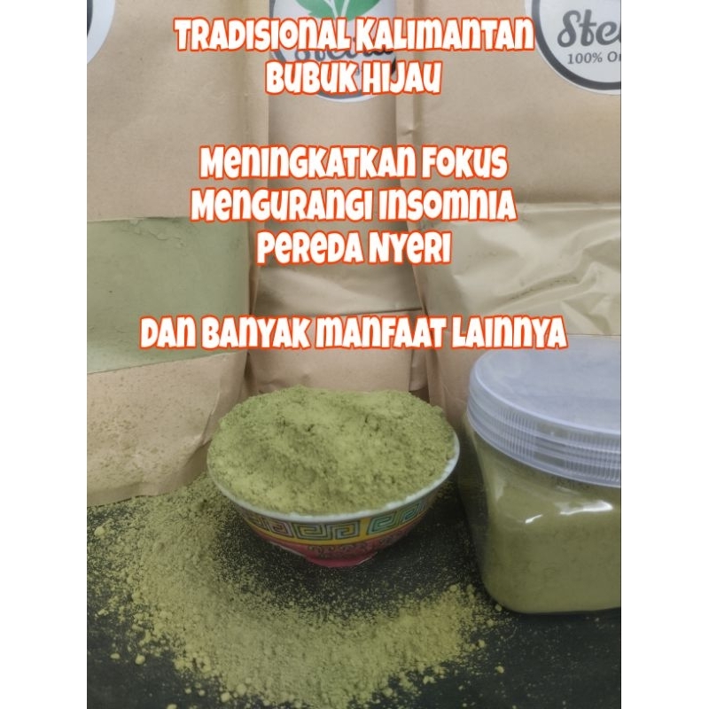 

Penambah stamina dan meningkatkan fokus Bubuk Hijau kalimantan kemasan 120 gram