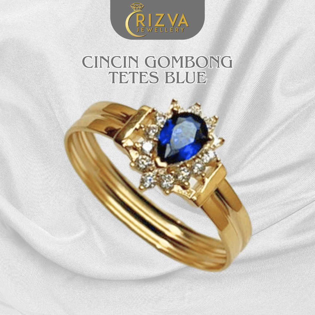 Cincin Emas  Gombong Gold Kadar 8K Tetes Blue Perhiasan Permata Biru