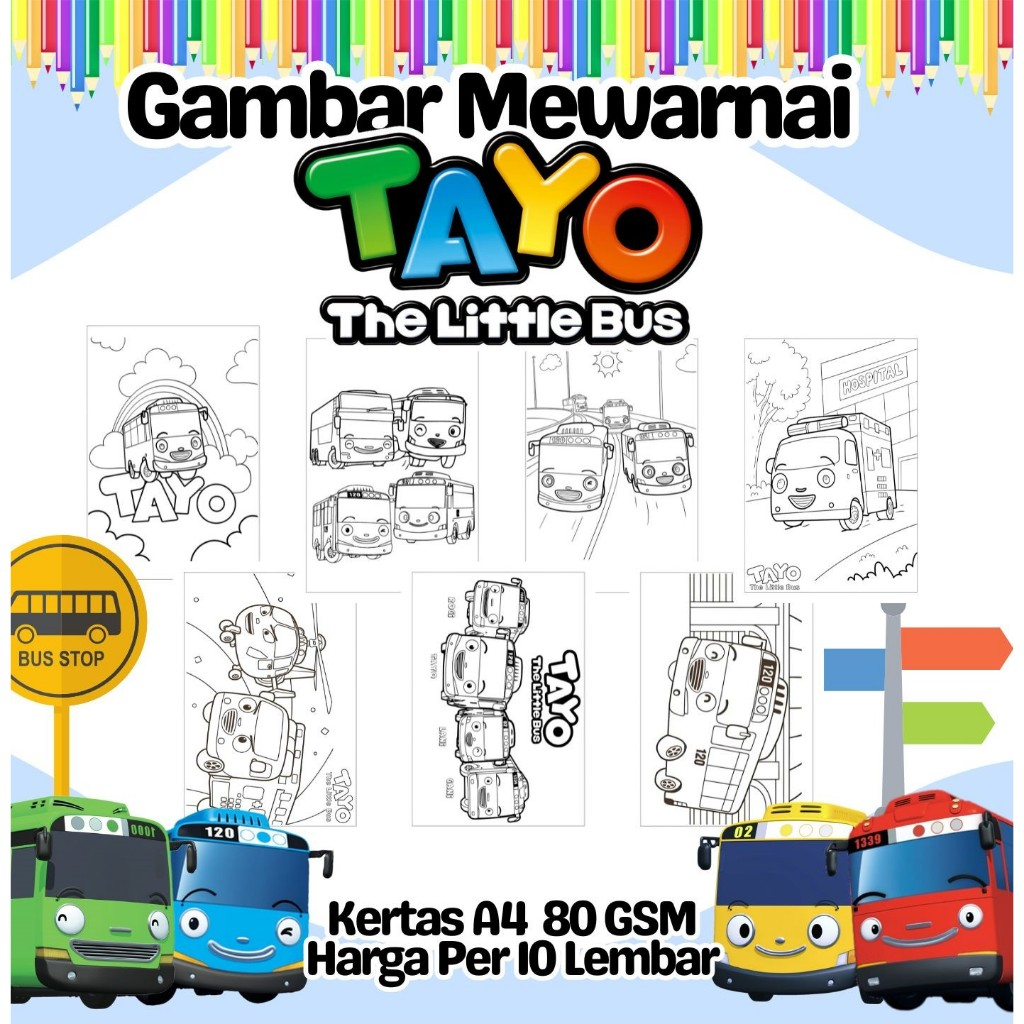 

10 Lembar Kertas A4 Gambar Mewarnai Tema BUS TAYO Termurah - Anak Anak TK SD PAUD Remaja
