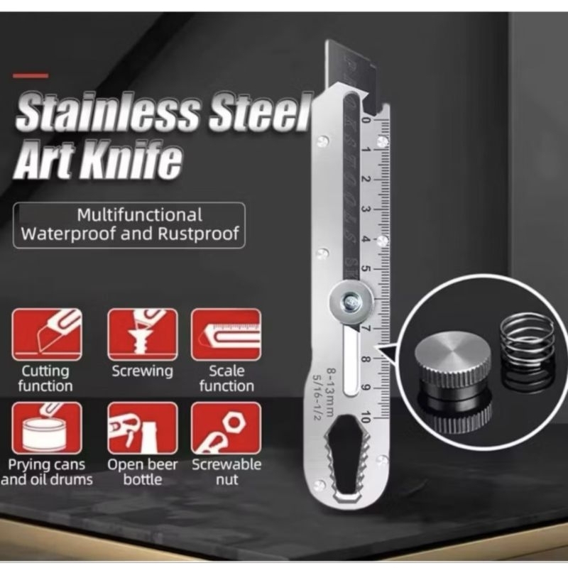 

Pisau Cutter Stainless Besi 9in1 Cutter Stainless Pemotong Kertas Tajam Anti KaratPisau Cutter Stainless Besi 9in1 MultifungsiPisau Cutter ini berbahan Baja Tahan Karat, Dapat Ditarik, Ditebal, Tugas Berat, dan Tajam.- Penampilan Menarik: Alat pemotong