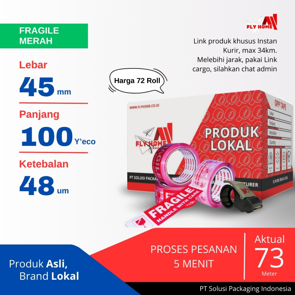 

FLYHOME Fragile unboxing 1 dus 100yard 72 roll 45mm x 100yard lakban segel 100 yard ECO Instan