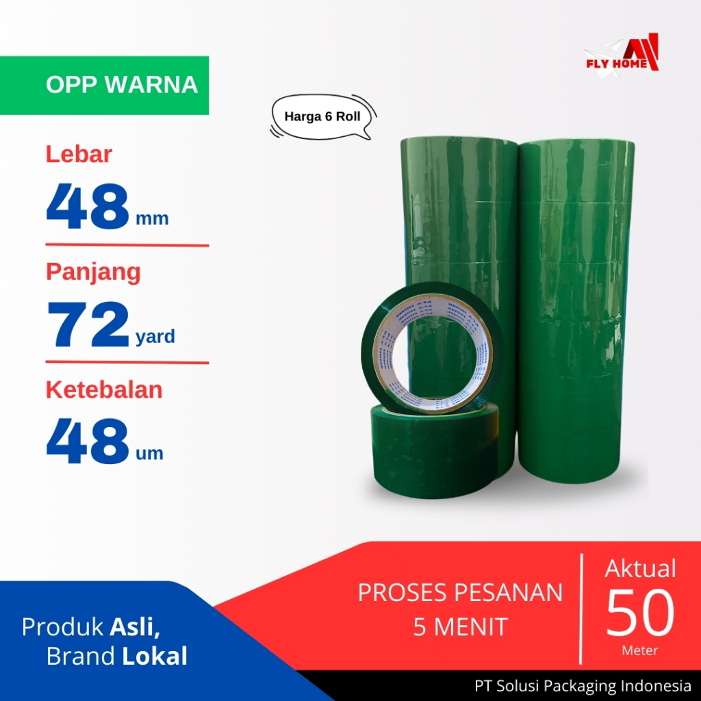 

FLYHOME Lakban warna hijau 72 yard 6 roll 48mm x 72yard 2inchi ECO
