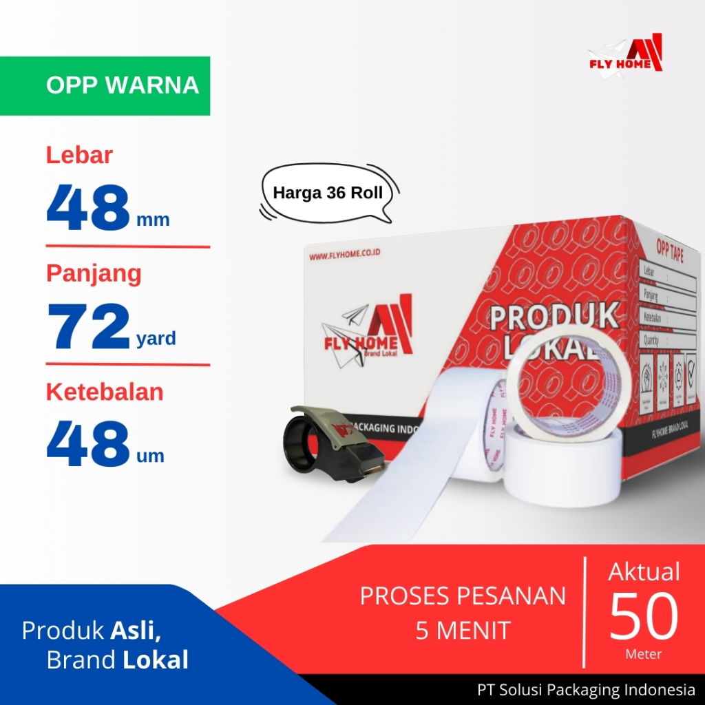 

FLYHOME Lakban warna putih 1/2 dus 72 yard 48mm x 72yard 36 roll ECO