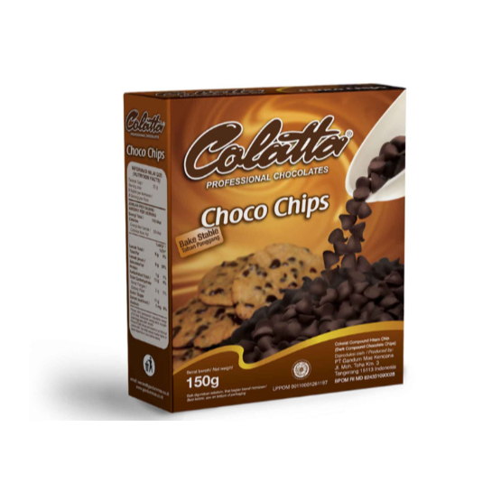 

COLATTA CHOCOCHIP 150GR,COKLAT CHIP KEMASAN KOTAK, TABURAN COOKIES/ICE