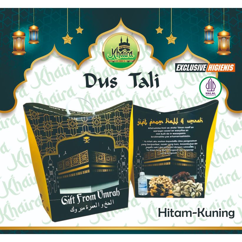 

Grosir Dus Oleh Oleh Haji Dan Umroh Teng-Teng Tali Kardus Warna Hitam Kuning. 1 pack isi 25 pcs