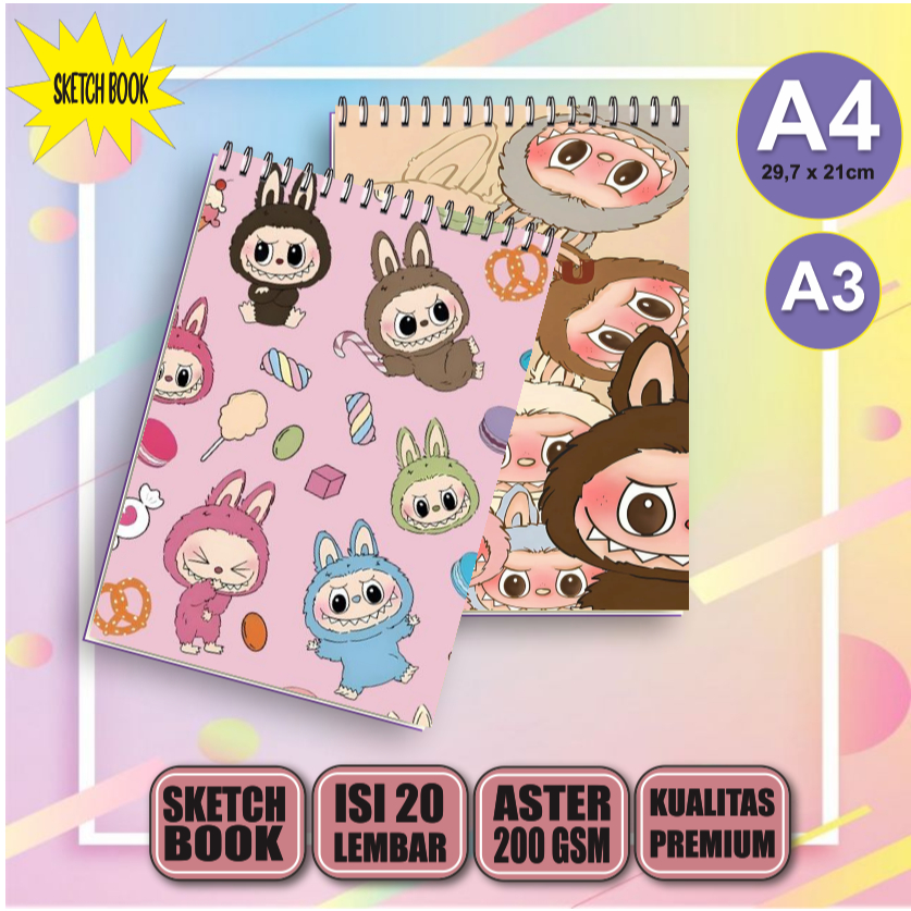 Buku Gambar Vertikal Jilid Spiral A4/a3 Sketchbook Labubu, 20 Lembar/40 Halaman, 200gsm